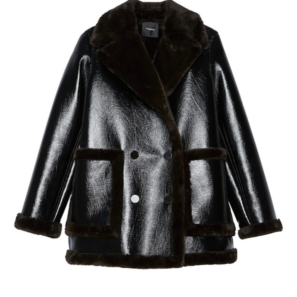 Theory faux fur lined leather pea coat